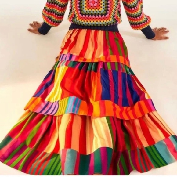 Farm Rio Sunset Stripes Tiered Midi Skirt - Picture 2 of 5